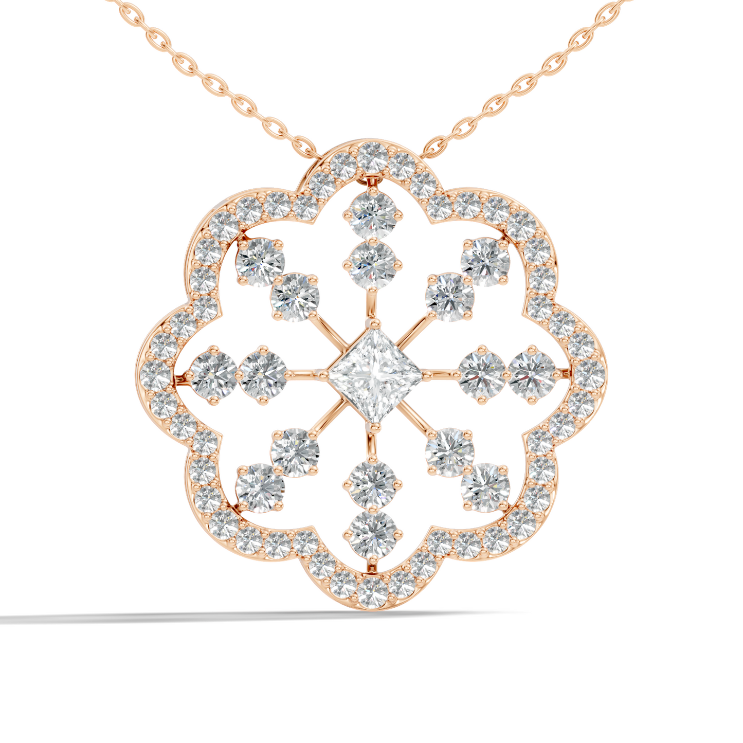 Princess Cut Lab-Grown Diamond Pendant Vintage Floral 14K Rose Gold Necklace