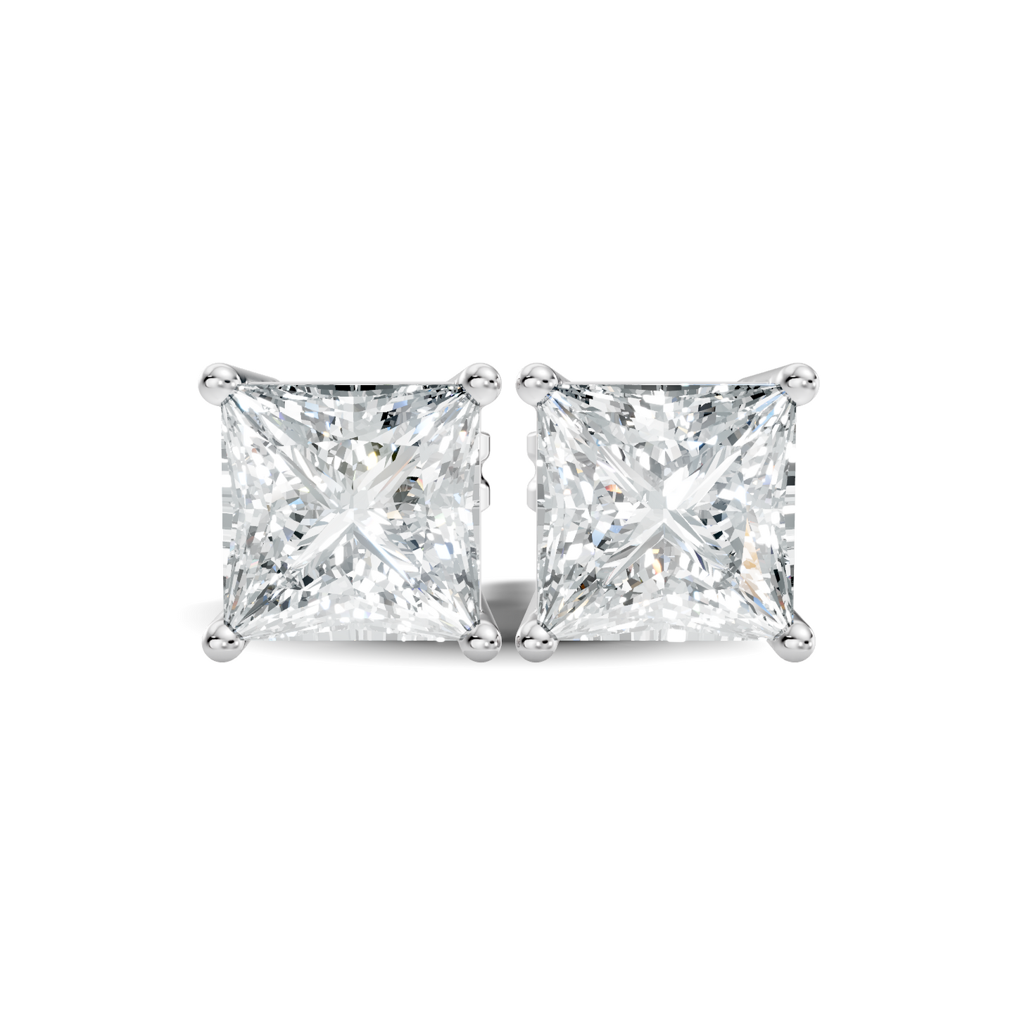 Front view of princess cut lab grown diamond stud earrings in white gold
