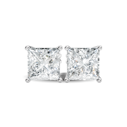 Front view of princess cut lab grown diamond stud earrings in white gold