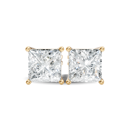 Yellow gold princess cut solitaire diamond stud earrings with four prong setting