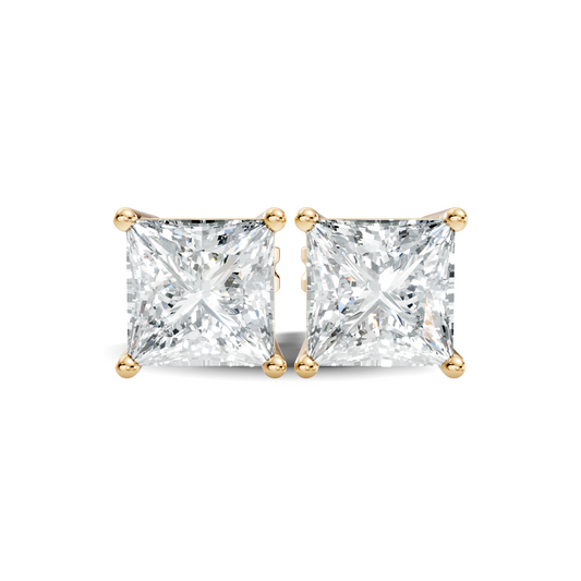Yellow gold princess cut solitaire diamond stud earrings with four prong setting