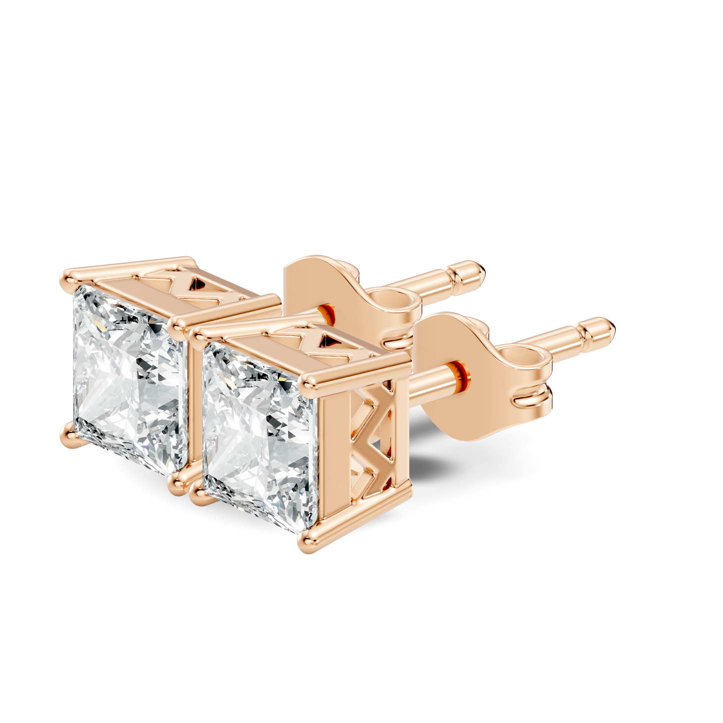 Close up of princess cut lab diamond stud earrings with square shape details