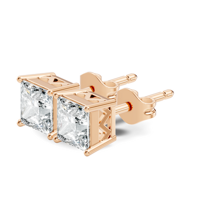 Close up of princess cut lab diamond stud earrings with square shape details