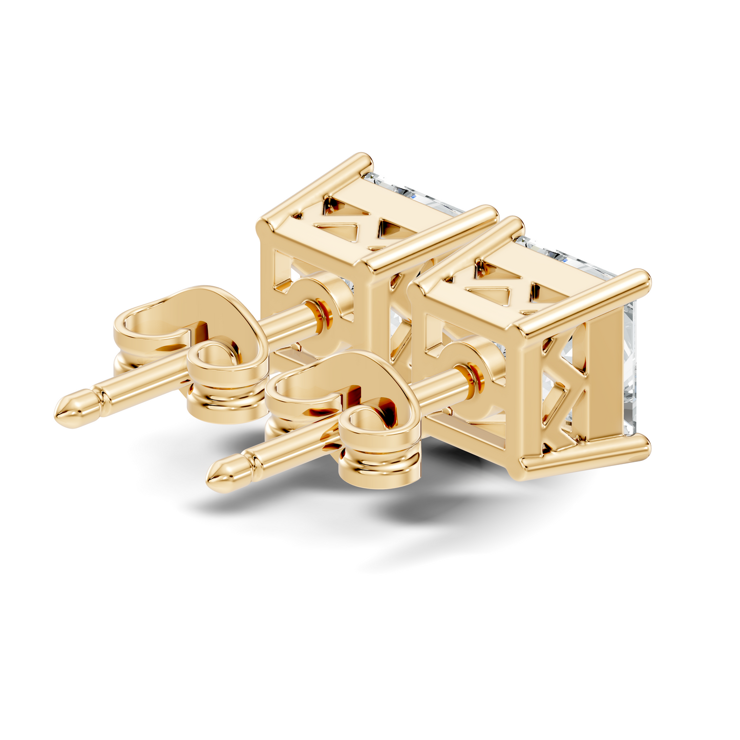 360 view video of princess cut lab diamond stud earrings rotating on white background