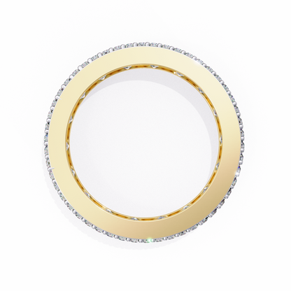 Angled view of full eternity diamond band with halo style detailing
