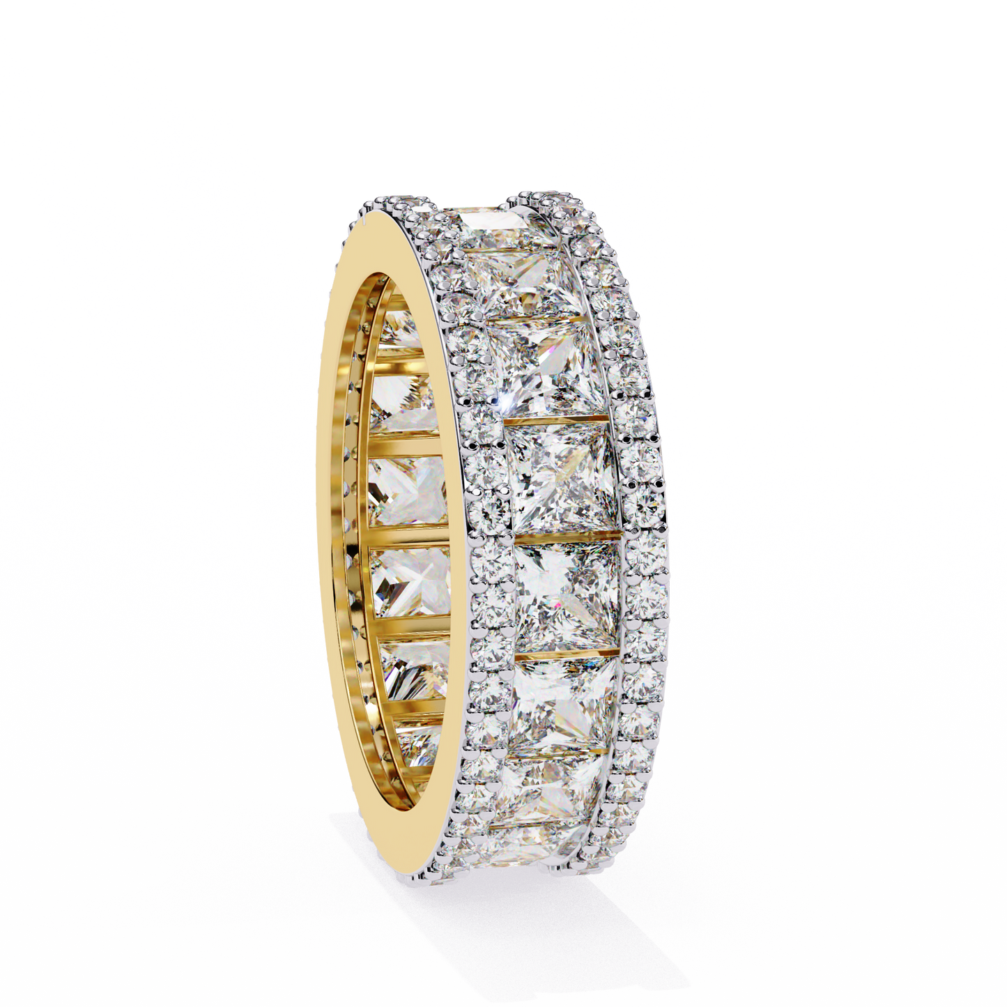 Close up of princess and round cut lab diamonds on eternity ring