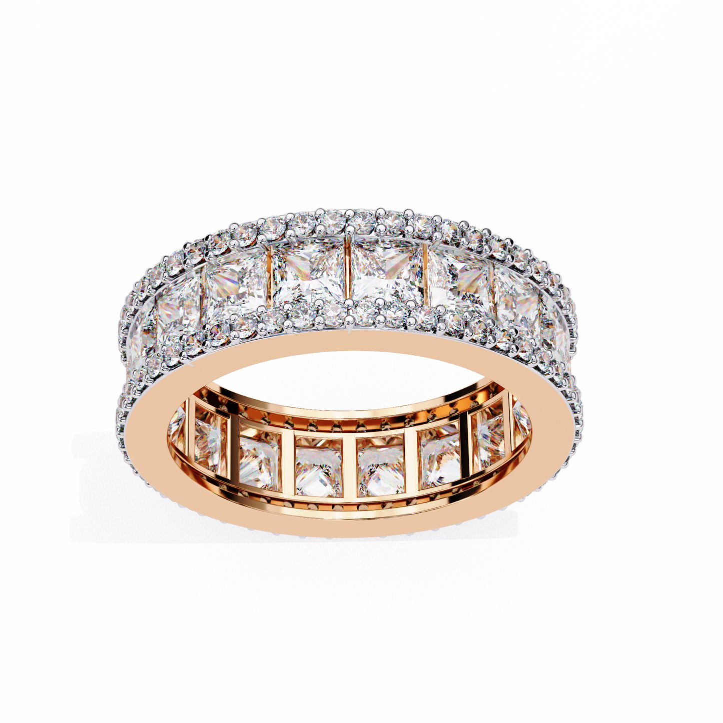 Rose gold eternity ring with princess cut diamonds and round halo accents