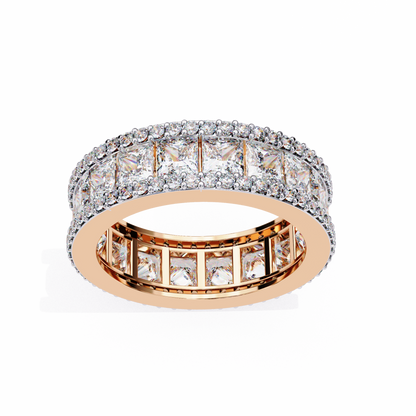 Rose gold eternity ring with princess cut diamonds and round halo accents