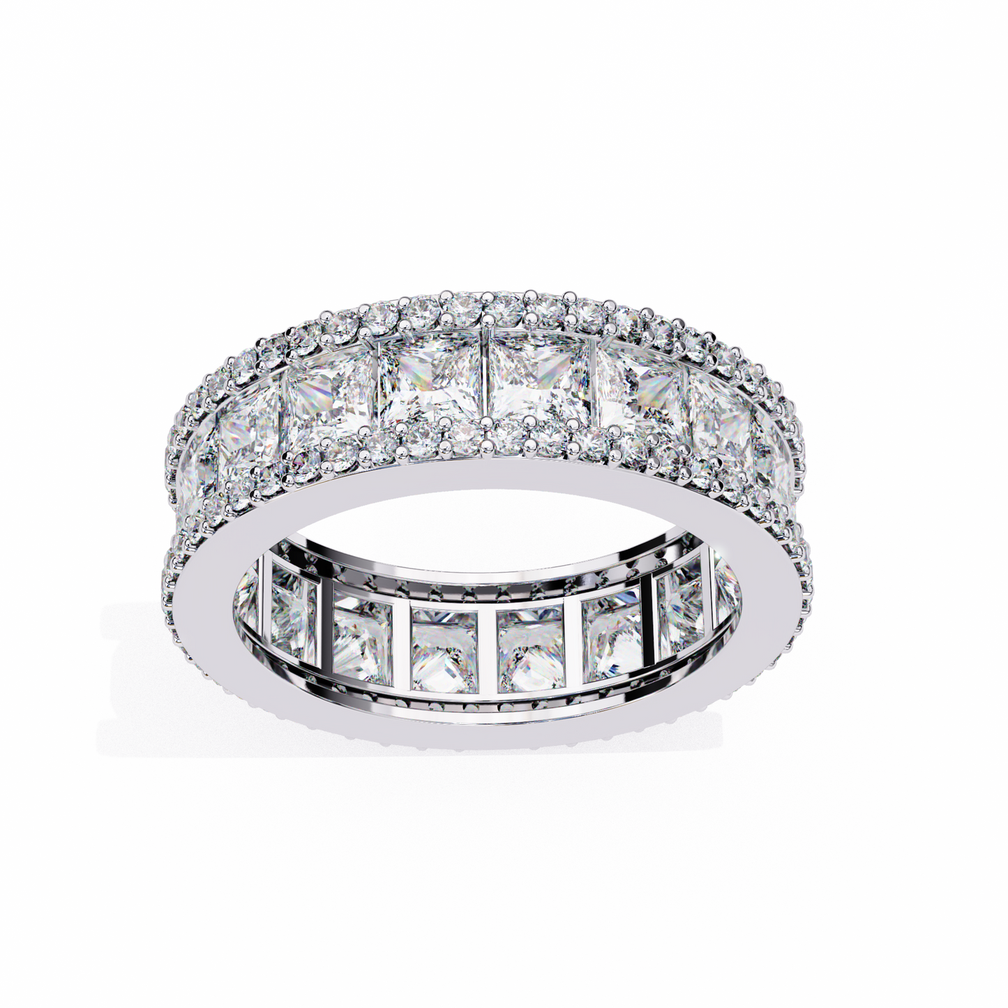 Front view of princess and round cut lab grown diamond eternity band in white gold