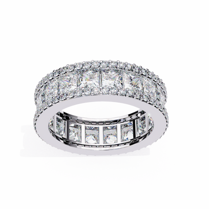 Front view of princess and round cut lab grown diamond eternity band in white gold