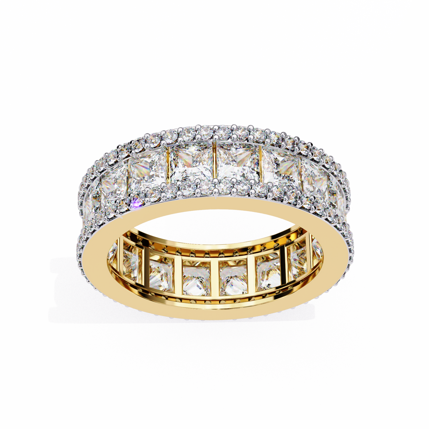 Yellow gold full eternity diamond band with princess and round cut stones