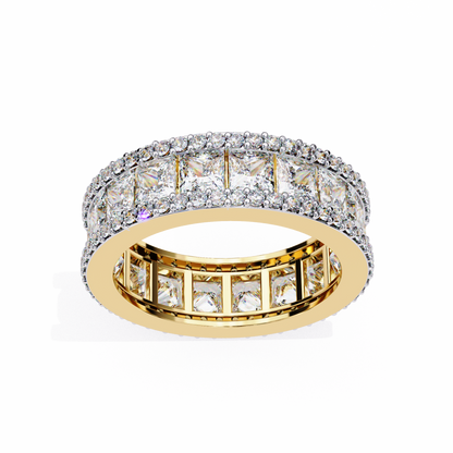 Yellow gold full eternity diamond band with princess and round cut stones