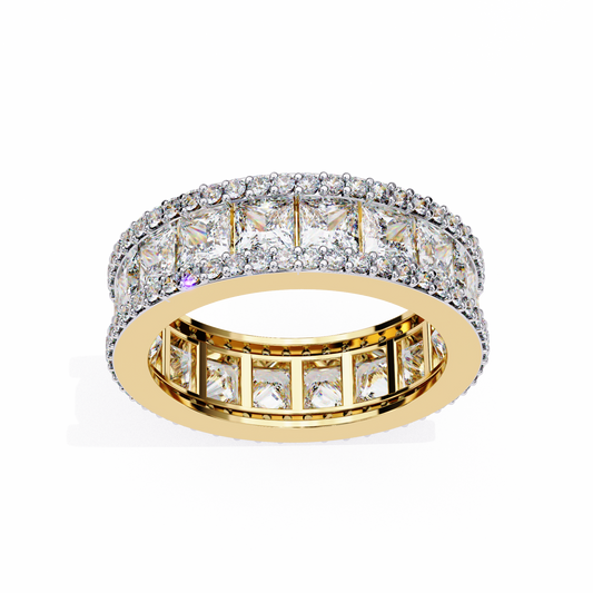 Yellow gold full eternity diamond band with princess and round cut stones