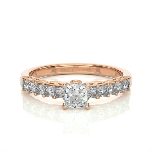 Princess & Round Cut Lab grown Diamond Ring , 14K white Gold Round Side Stone Ring For Her