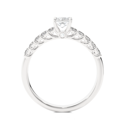 Princess & Round Cut Lab grown Diamond Ring , 14K white Gold Round Side Stone Ring For Her