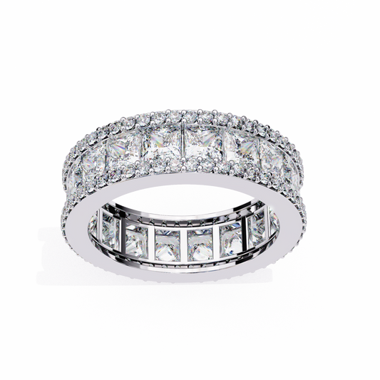 Front view of princess and round cut lab grown diamond eternity band in white gold
