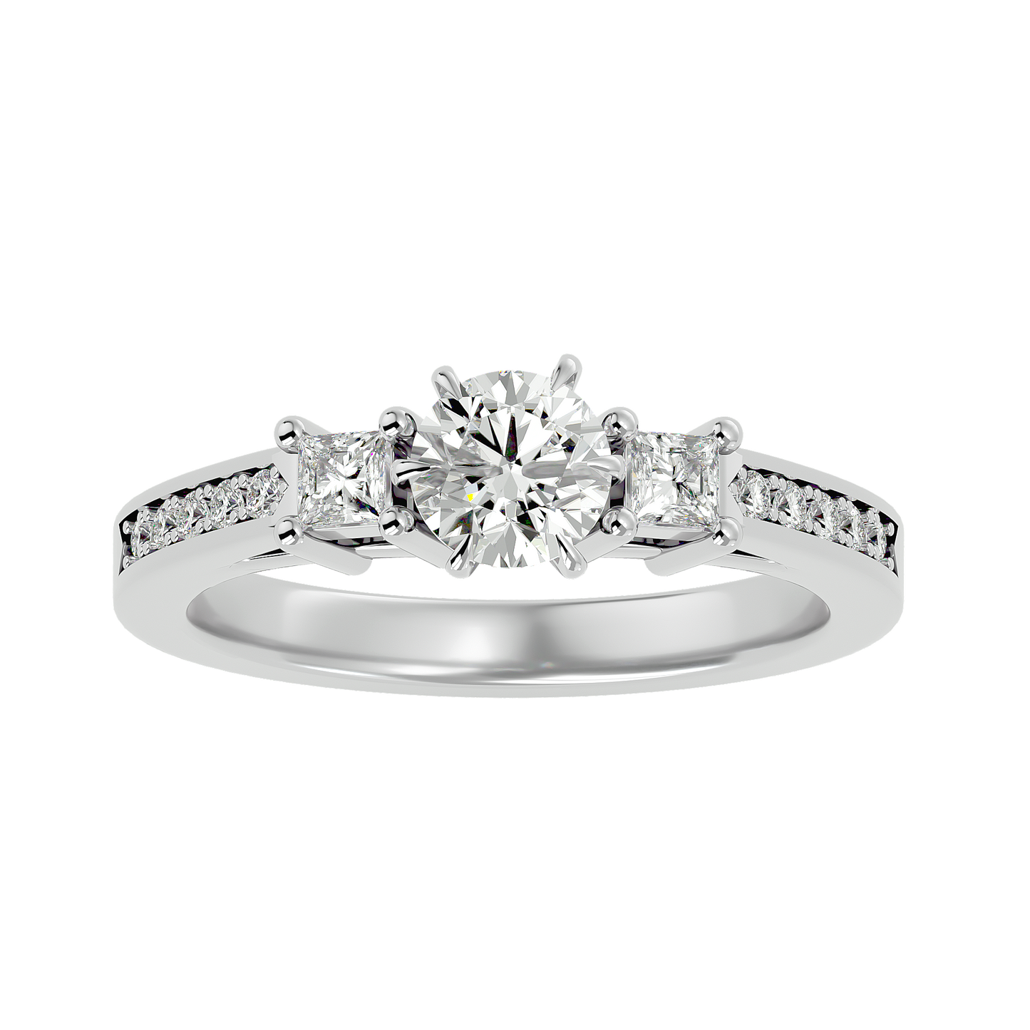Princess And Round Diamond Accented 18K Solid Gold Three Row Diamond Proposal Ring For Her. - HIGHCARAT DIAMONDS