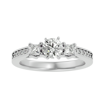 Princess And Round Diamond Accented 18K Solid Gold Three Row Diamond Proposal Ring For Her. - HIGHCARAT DIAMONDS