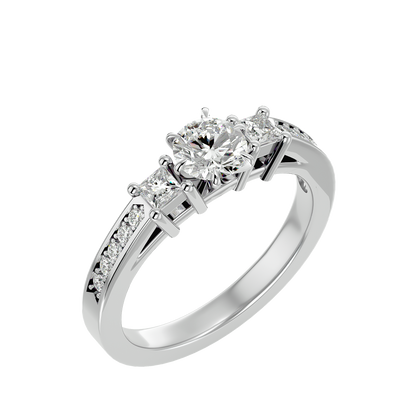 Princess And Round Diamond Accented 18K Solid Gold Three Row Diamond Proposal Ring For Her. - HIGHCARAT DIAMONDS