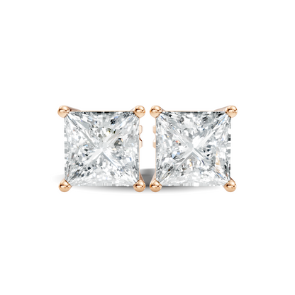 Princess Shape 1CT Solitaire Lab grown Diamond Stud Earrings For Her In 14k Solid Gold