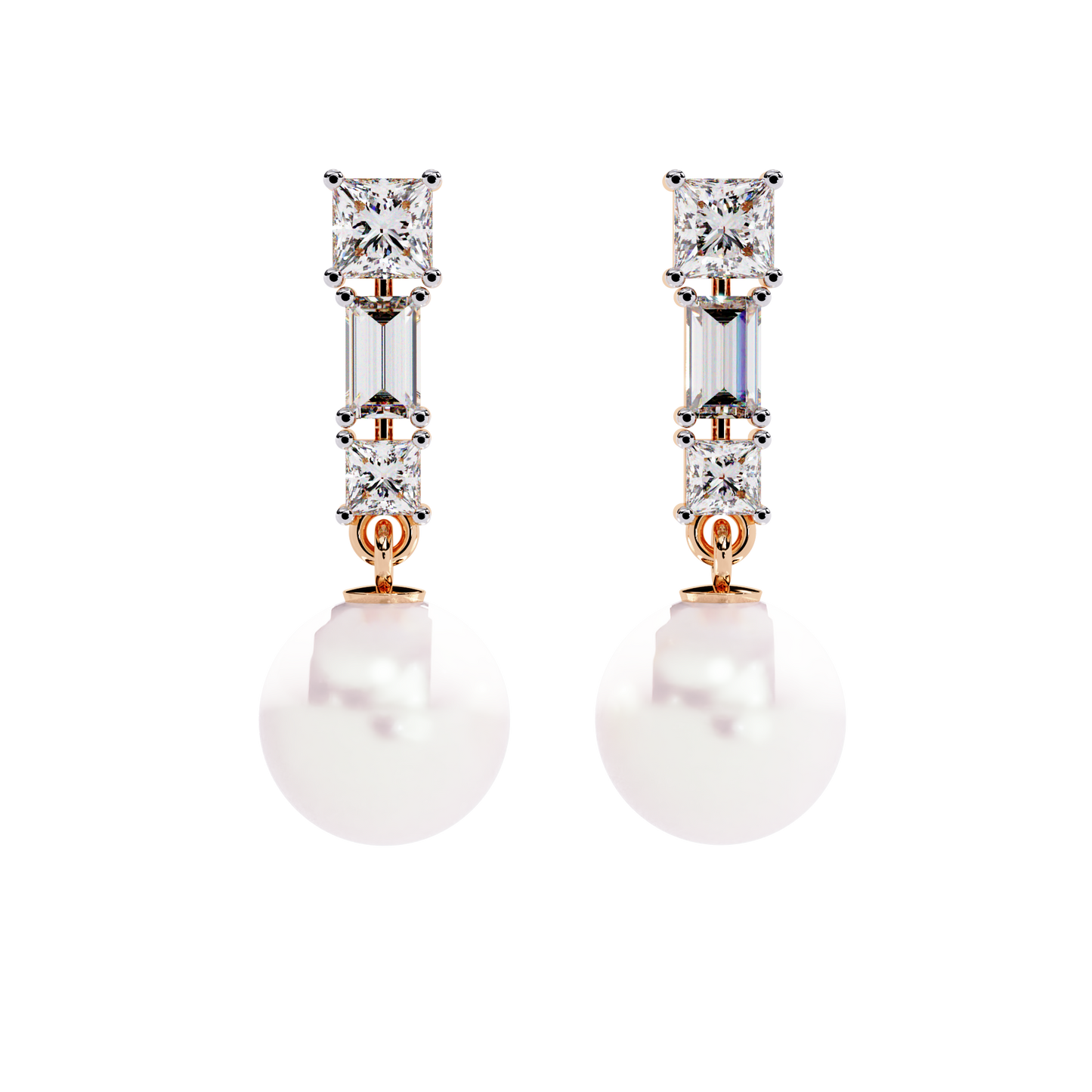 Prong Set 2.08Ct Baguette And Princess Cut Diamond Pearls Minimalist Classic Bridal Drop Earring For Her
