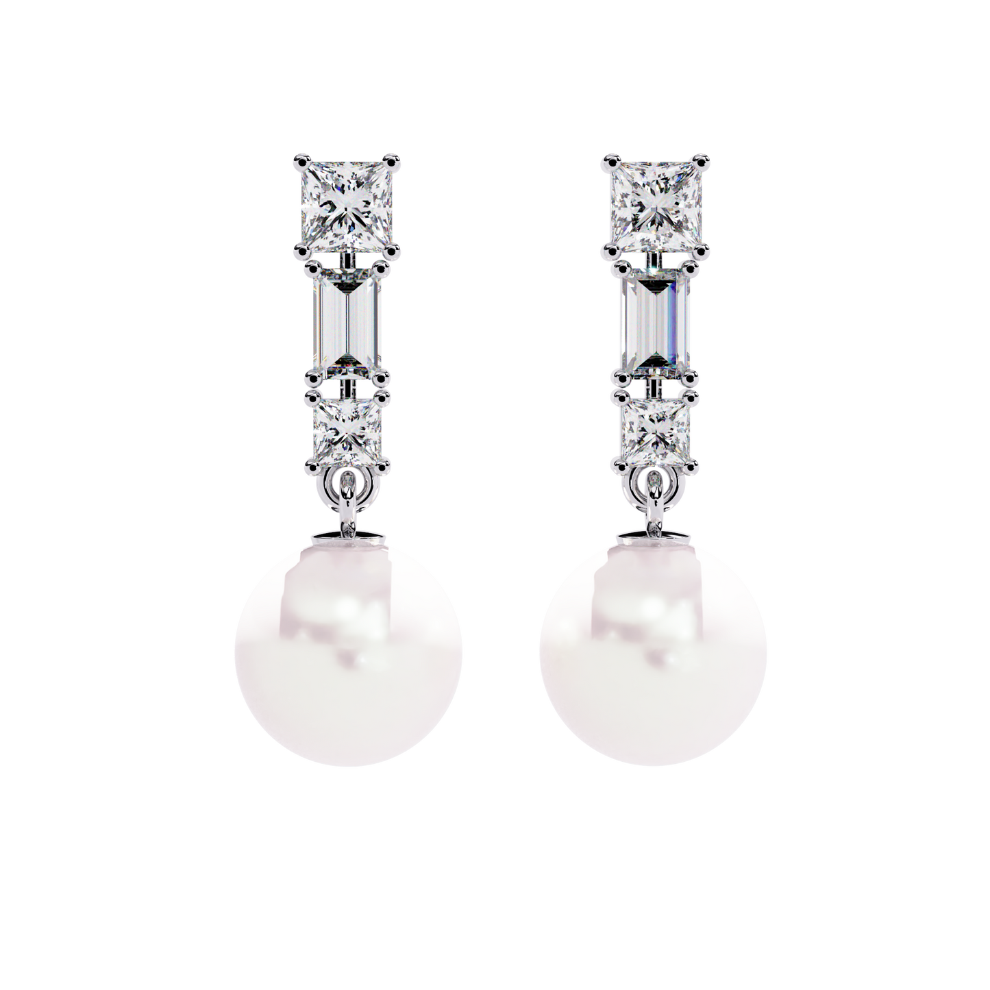 Prong Set 2.08Ct Baguette And Princess Cut Diamond Pearls Minimalist Classic Bridal Drop Earring For Her