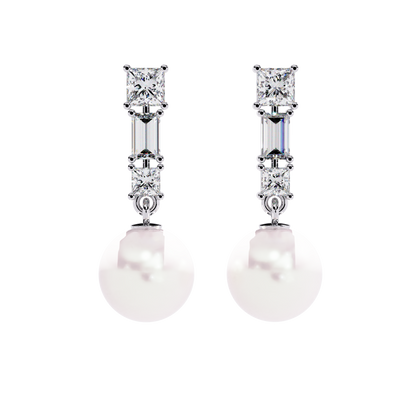 Prong Set 2.08Ct Baguette And Princess Cut Diamond Pearls Minimalist Classic Bridal Drop Earring For Her