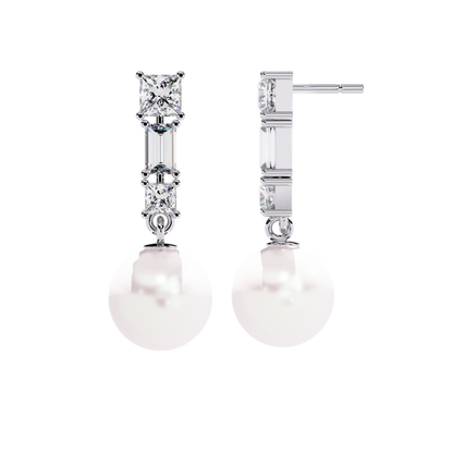 Prong Set 2.08Ct Baguette And Princess Cut Diamond Pearls Minimalist Classic Bridal Drop Earring For Her