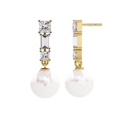 Prong Set 2.08Ct Baguette And Princess Cut Diamond Pearls Minimalist Classic Bridal Drop Earring For Her