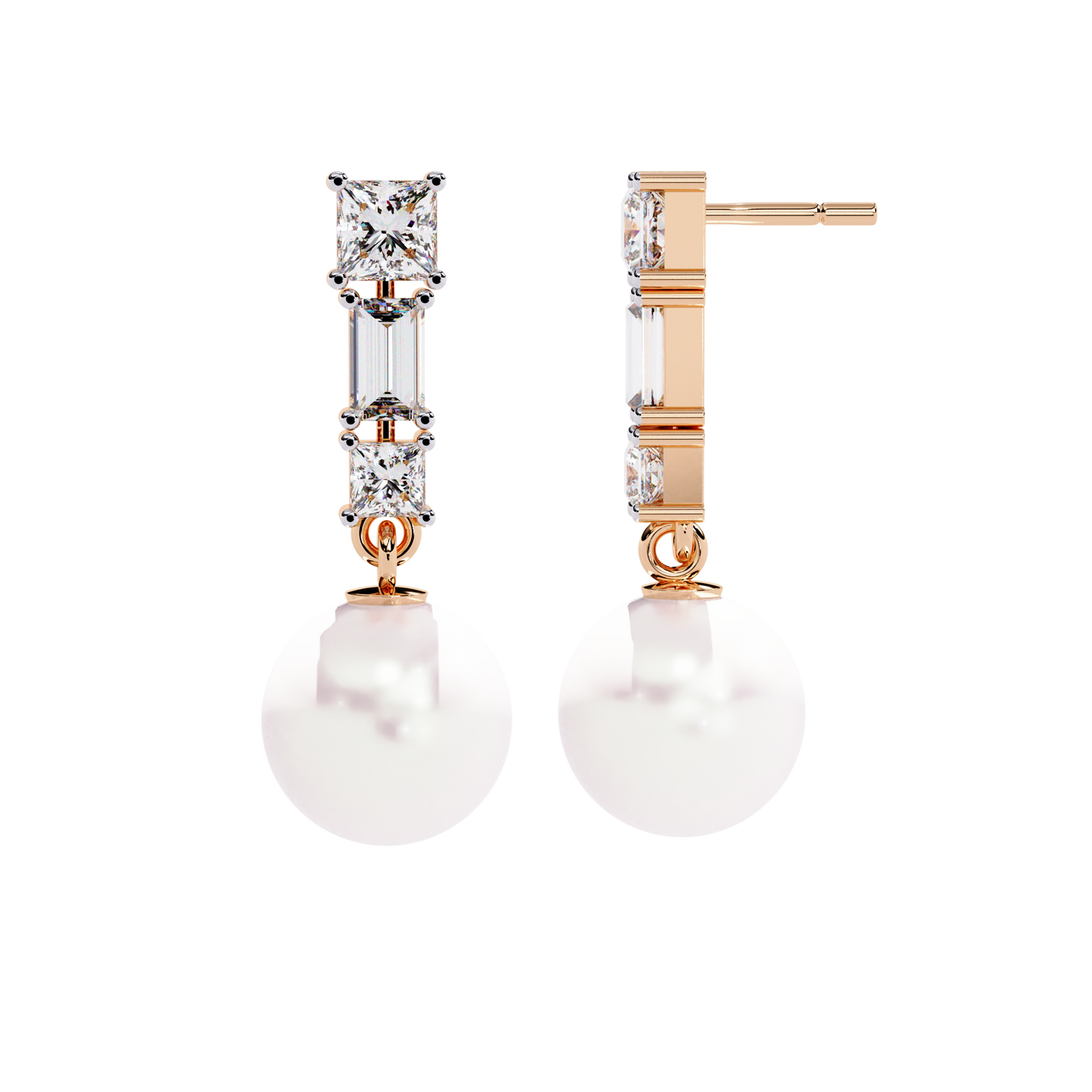 Prong Set 2.08Ct Baguette And Princess Cut Diamond Pearls Minimalist Classic Bridal Drop Earring For Her
