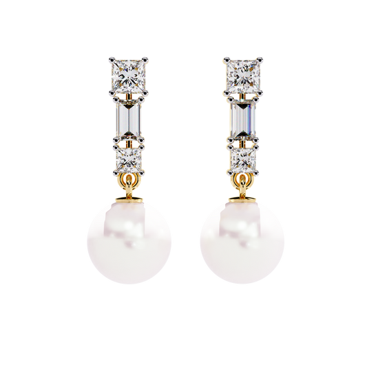 Prong Set 2.08Ct Baguette And Princess Cut Diamond Pearls Minimalist Classic Bridal Drop Earring For Her - HIGHCARAT DIAMONDS