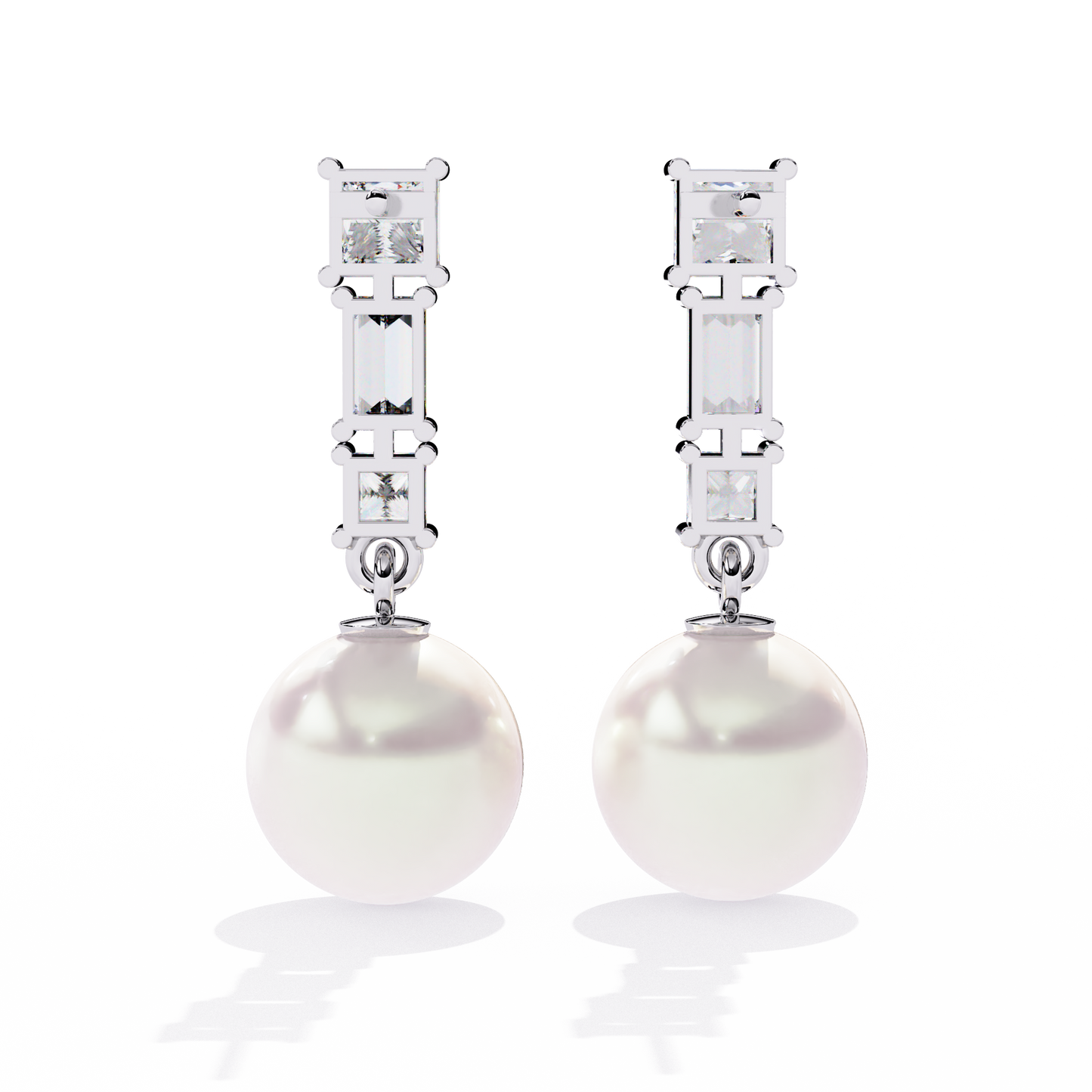 Prong Set 2.08Ct Baguette And Princess Cut Diamond Pearls Minimalist Classic Bridal Drop Earring For Her