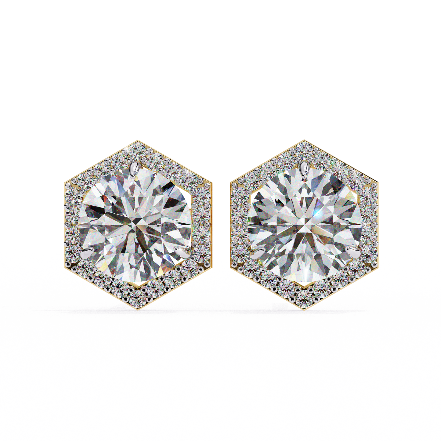Prong Set Hexagon Shape 2.10Ct Round Cut Lab Grown Halo Style Cluster 14k Solid Yellow Gold Stud Bridesmaid  Earring For Women's - HIGHCARAT DIAMONDS