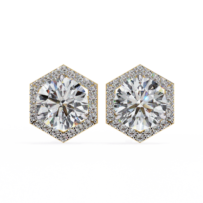 Prong Set Hexagon Shape 2.10Ct Round Cut Lab Grown Halo Style Cluster 14k Solid Yellow Gold Stud Bridesmaid  Earring For Women's - HIGHCARAT DIAMONDS