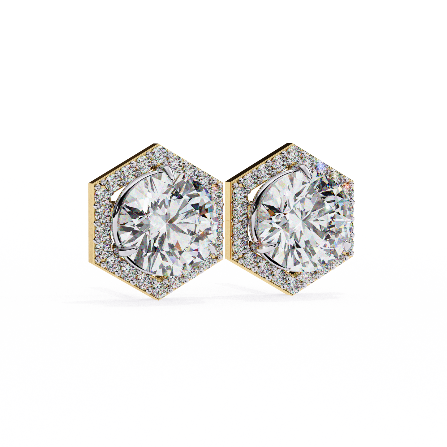 Prong Set Hexagon Shape 2.10Ct Round Cut Lab Grown Halo Style Cluster 14k Solid Yellow Gold Stud Bridesmaid  Earring For Women's - HIGHCARAT DIAMONDS