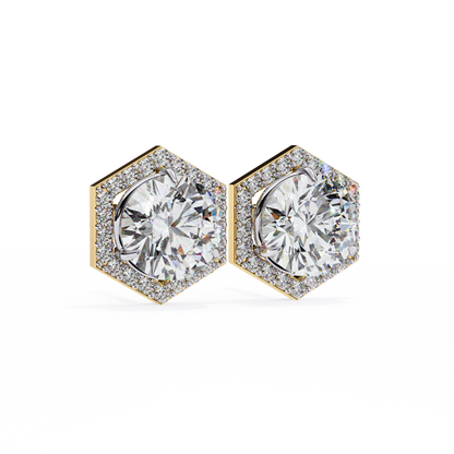 Prong Set Hexagon Shape 2.10Ct Round Cut Lab Grown Halo Style Cluster 14k Solid Yellow Gold Stud Bridesmaid  Earring For Women's - HIGHCARAT DIAMONDS