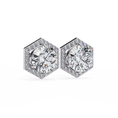 Prong Set Hexagon Shape 2.10Ct Round Cut Lab Grown Halo Style Cluster 14k Solid Yellow Gold Stud Bridesmaid  Earring For Women's - HIGHCARAT DIAMONDS