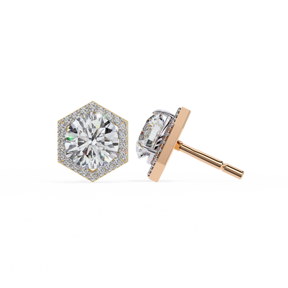 Prong Set Hexagon Shape 2.10Ct Round Cut Lab Grown Halo Style Cluster 14k Solid Yellow Gold Stud Bridesmaid  Earring For Women's - HIGHCARAT DIAMONDS