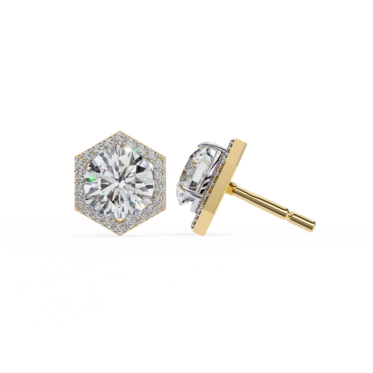 Prong Set Hexagon Shape 2.10Ct Round Cut Lab Grown Halo Style Cluster 14k Solid Yellow Gold Stud Bridesmaid  Earring For Women's - HIGHCARAT DIAMONDS