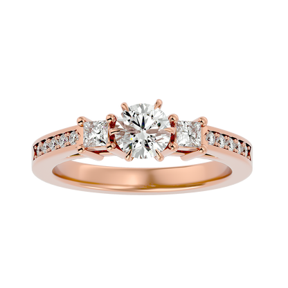 Princess And Round Diamond Accented 18K Solid Gold Three Row Diamond Proposal Ring For Her.