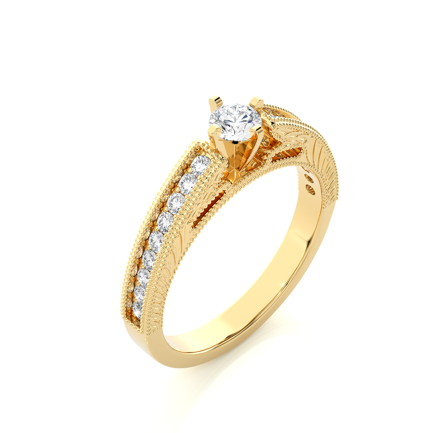 14k Solid Gold round cut Lab Grown Diamond With Pave And Side Stone Gift For wedding