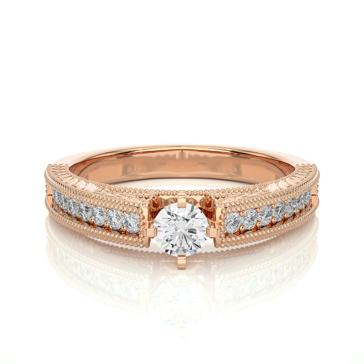 14k Solid Gold round cut Lab Grown Diamond With Pave And Side Stone Gift For wedding