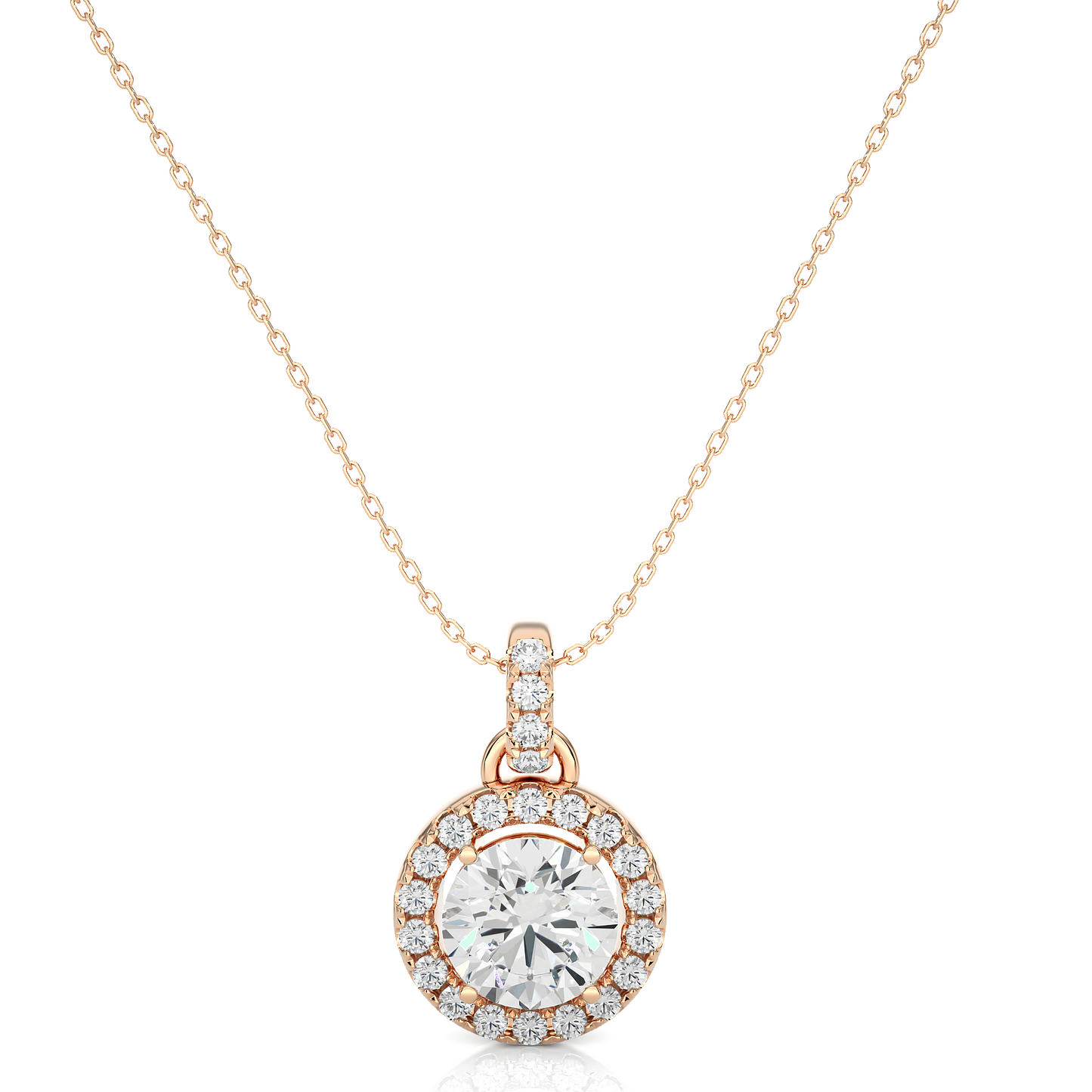 Halo Round Cut Diamond Pendant Necklace in 14k Solid Gold with Labgrown Diamond Accent
