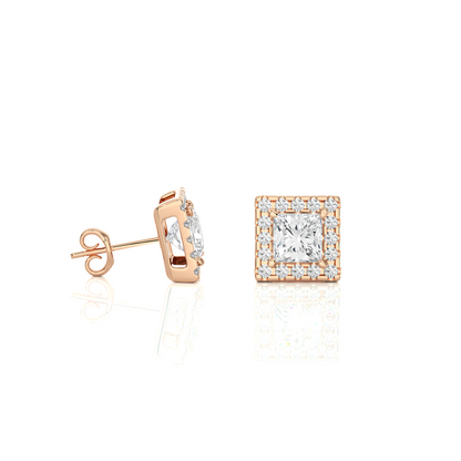 Princess Cut Diamond Stud Earrings Lab Grown Wedding Studs Halo Earring Gift for Women's