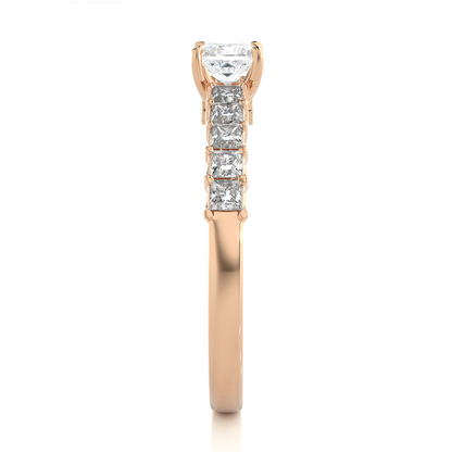 Princess & Round Cut Lab grown Diamond Ring , 14K white Gold Round Side Stone Ring For Her