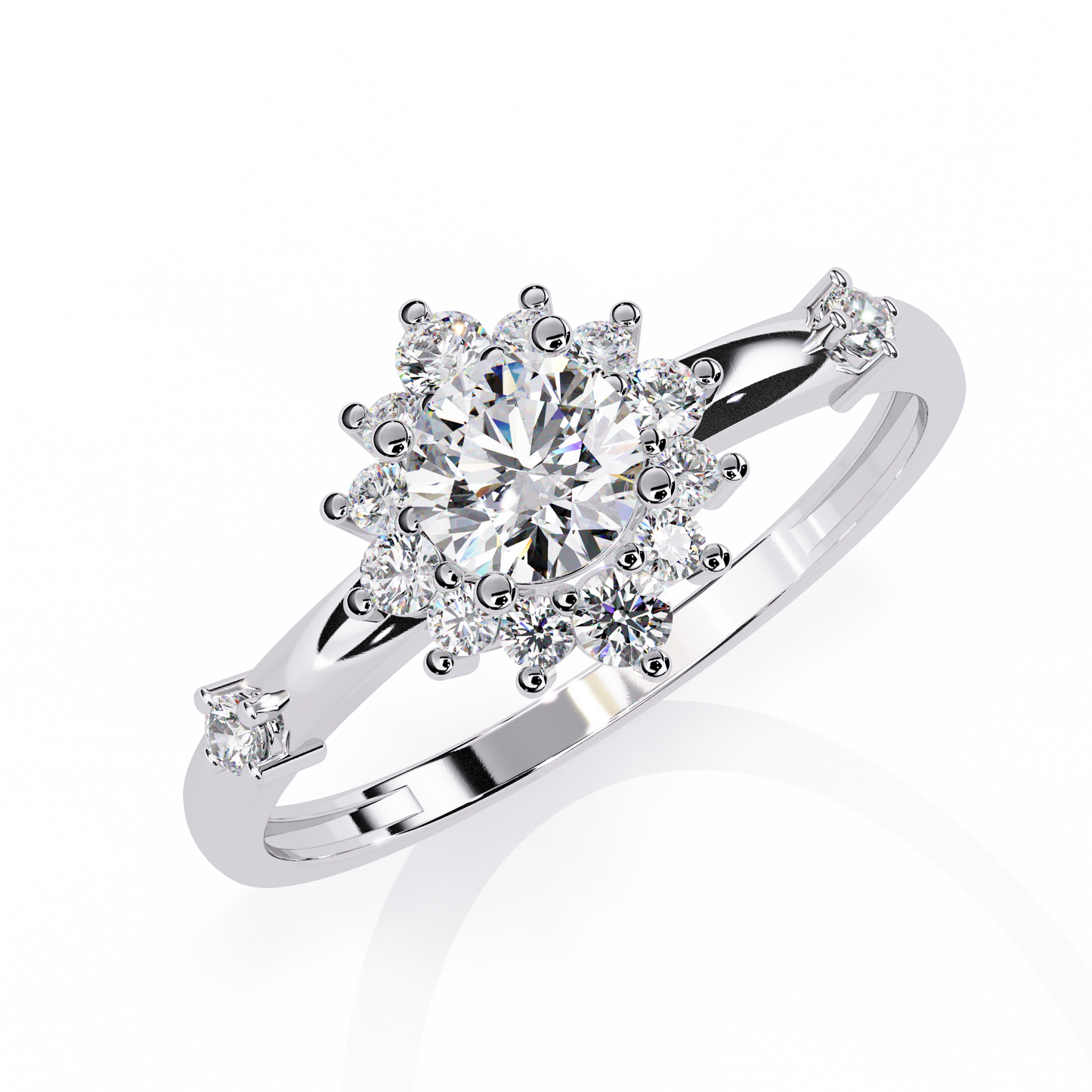 Round Cut Lab Grown Diamond Flower Shape Halo Style Prong Set Miniamlsit Promise Ring Gift For Her