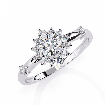 Round Cut Lab Grown Diamond Flower Shape Halo Style Prong Set Miniamlsit Promise Ring Gift For Her