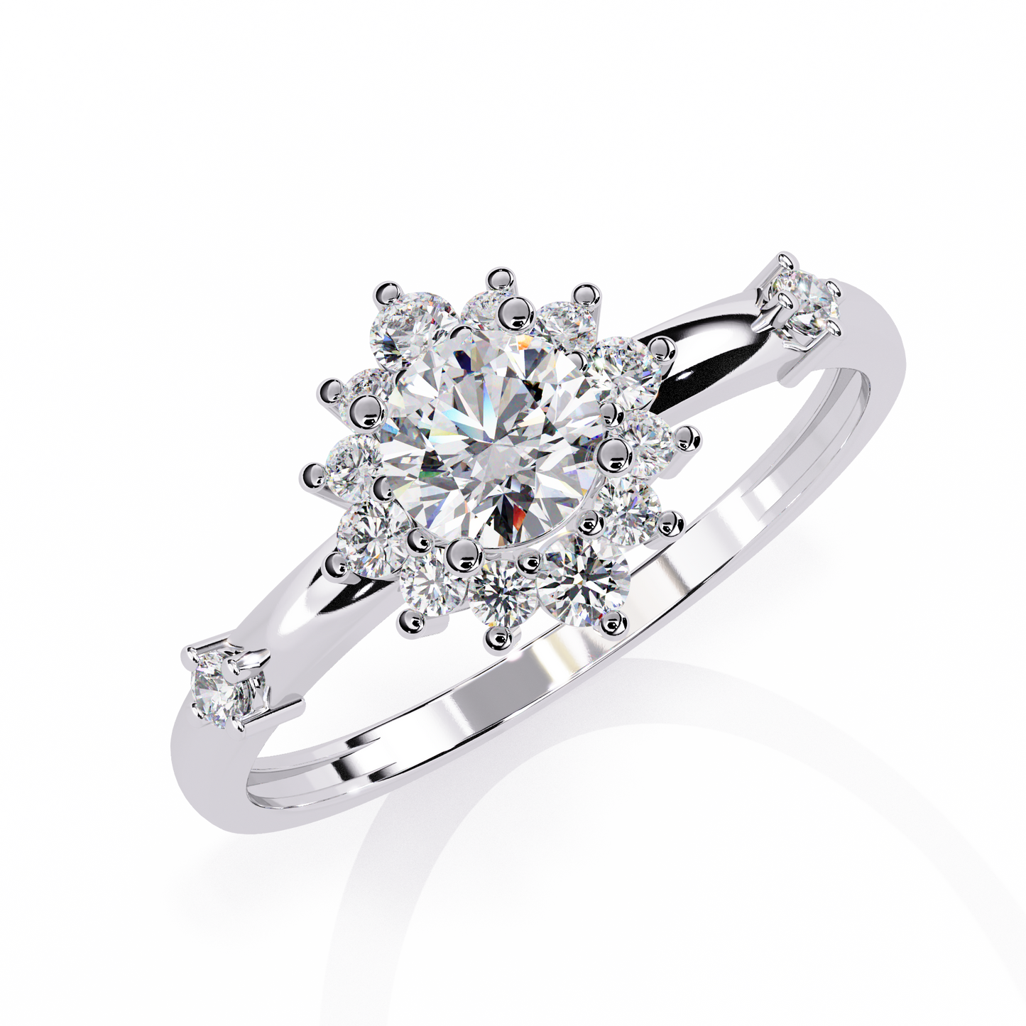 Round Cut Lab Grown Diamond Flower Shape Halo Style Prong Set Miniamlsit Promise Ring Gift For Her