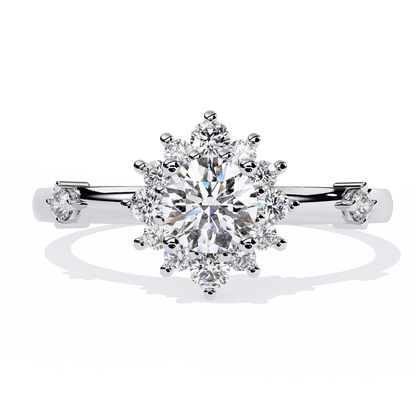 Round Cut Lab Grown Diamond Flower Shape Halo Style Prong Set Miniamlsit Promise Ring Gift For Her