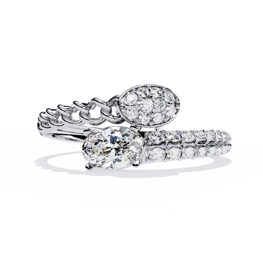 Oval And Round Cut Top Grade Lab Grown Diamond Bypass Elegant Art Deco Toi Moi Unique Engagement Ring